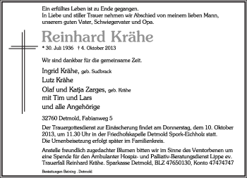 Anzeige  Reinhard Krähe  Lippische Landes-Zeitung