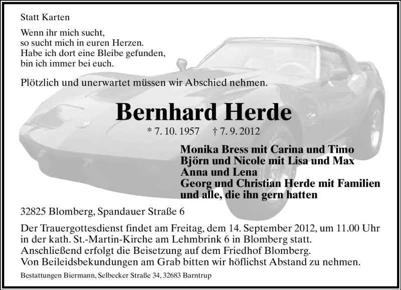  Traueranzeige für Bernhard Herde vom 11.09.2012 aus Lippische Landes-Zeitung
