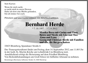 Anzeige  Bernhard Herde  Lippische Landes-Zeitung