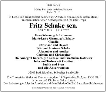 Anzeige  Fritz Schake  Lippische Landes-Zeitung