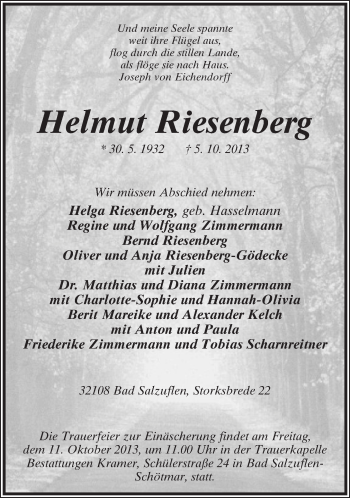 Anzeige  Helmut Riesenberg  Lippische Landes-Zeitung