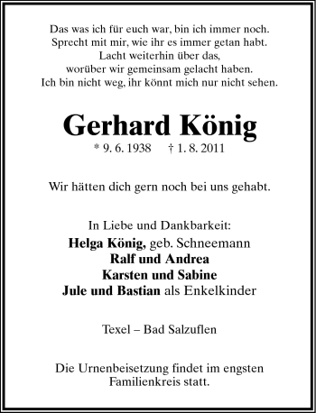 Anzeige  Gerhard König  Lippische Landes-Zeitung