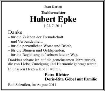 Anzeige  Hubert Epke  Lippische Landes-Zeitung