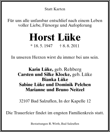 Anzeige  Horst Lüke  Lippische Landes-Zeitung