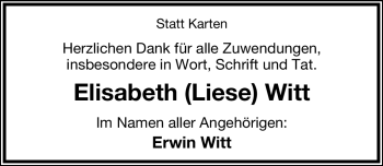 Anzeige  Elisabeth Witt  Lippische Landes-Zeitung