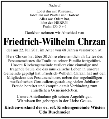 Anzeige  Friedrich-Wilhelm Chrzan  Lippische Landes-Zeitung