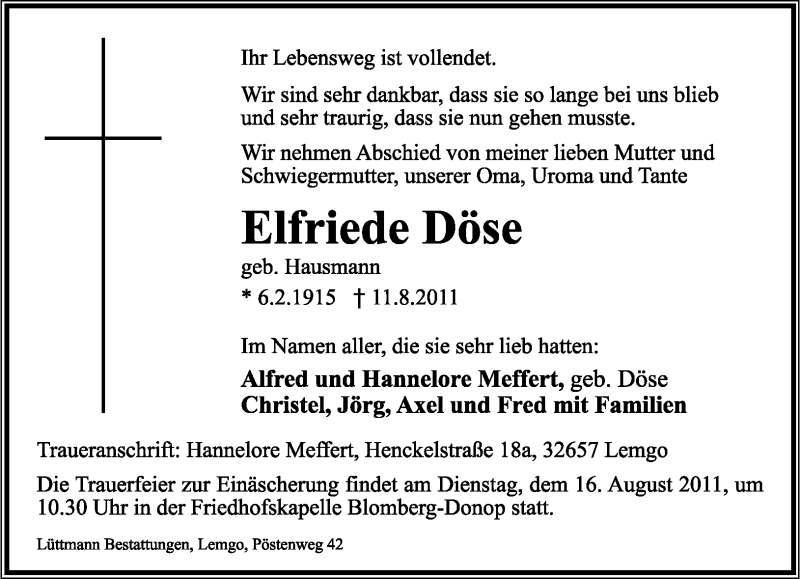  Traueranzeige für Elfriede Döse vom 13.08.2011 aus Lippische Landes-Zeitung