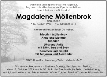 Anzeige  Magdalene Möllenbrok  Lippische Landes-Zeitung