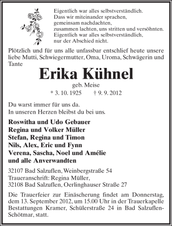 Anzeige  Erika Kühnel  Lippische Landes-Zeitung