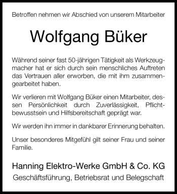 Anzeige  Wolfgang Büker  Lippische Landes-Zeitung