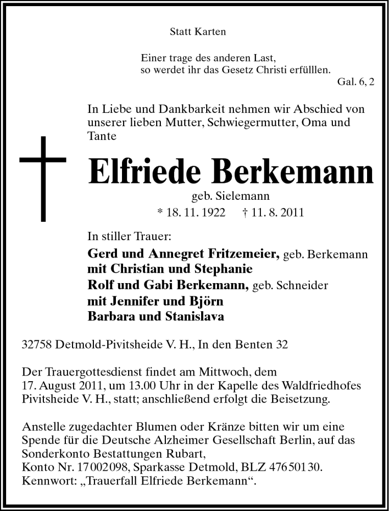  Traueranzeige für Elfriede Berkemann vom 13.08.2011 aus Lippische Landes-Zeitung