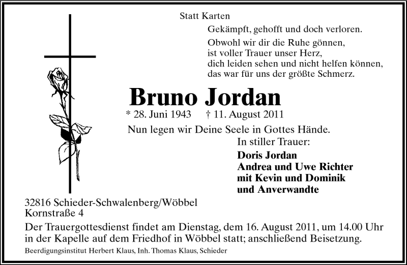  Traueranzeige für Bruno Jordan vom 13.08.2011 aus Lippische Landes-Zeitung