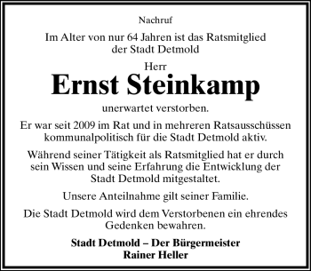 Anzeige  Ernst Steinkamp  Lippische Landes-Zeitung