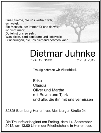 Anzeige  Dietmar Juhnke  Lippische Landes-Zeitung