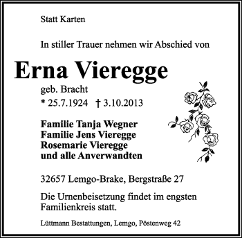Anzeige  Erna Vieregge  Lippische Landes-Zeitung