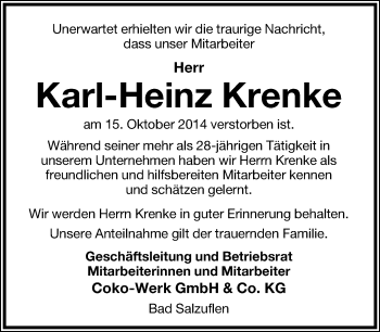 Anzeige  Karl-Heinz Krenke  Lippische Landes-Zeitung