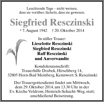 Anzeige  Siegfried Resczinski  Lippische Landes-Zeitung