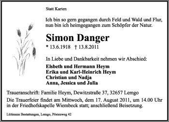 Anzeige  Simon Danger  Lippische Landes-Zeitung