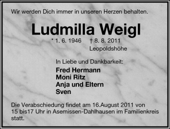 Anzeige  Ludmilla Weigel  Lippische Landes-Zeitung