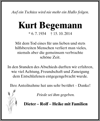 Anzeige  Kurt Begemann  Lippische Landes-Zeitung