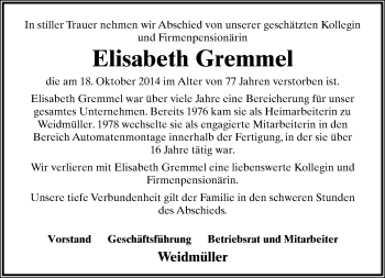 Anzeige  Elisabeth Gremmel  Lippische Landes-Zeitung