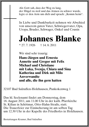 Anzeige  Johannes Blanke  Lippische Landes-Zeitung