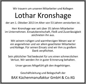 Anzeige  Lothar Kronshage  Lippische Landes-Zeitung