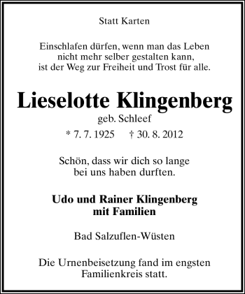 Anzeige  Lieselotte Klingenberg  Lippische Landes-Zeitung