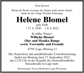 Anzeige  Helene Blomel  Lippische Landes-Zeitung