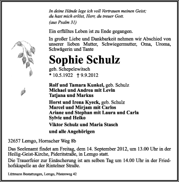 Anzeige  Sophie Schulz  Lippische Landes-Zeitung