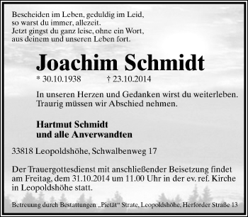 Anzeige  Joachim Schmidt  Lippische Landes-Zeitung