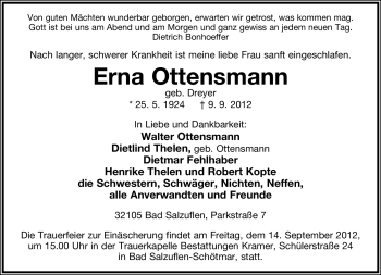 Anzeige  Erna Ottensmann  Lippische Landes-Zeitung