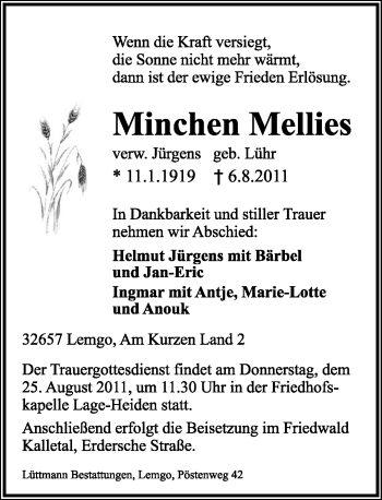 Anzeige  Minchen Mellies  Lippische Landes-Zeitung