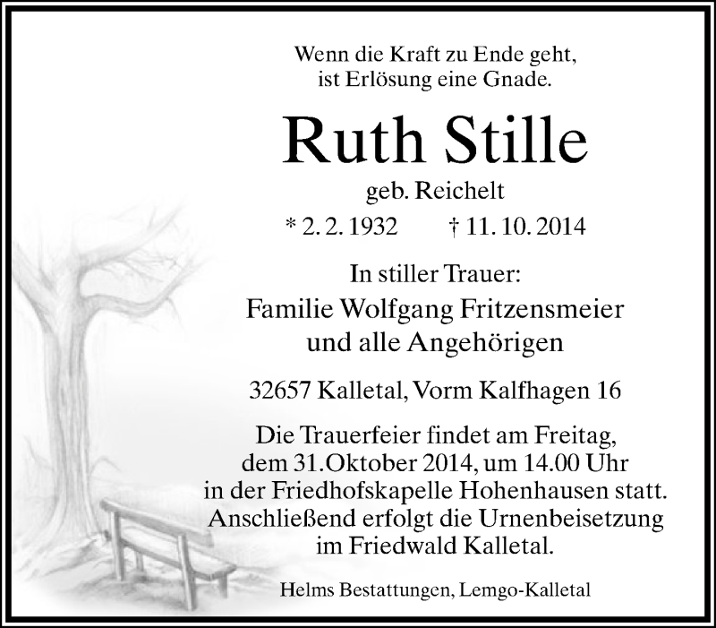  Traueranzeige für Ruth Stille vom 25.10.2014 aus Lippische Landes-Zeitung