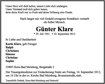Anzeige  Günter Klare  Lippische Landes-Zeitung