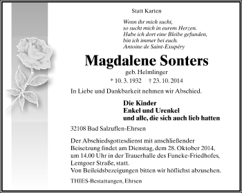 Anzeige  Magdalene Sonters  Lippische Landes-Zeitung