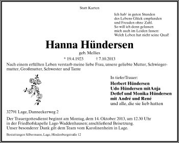 Anzeige  Hanna Hündersen  Lippische Landes-Zeitung