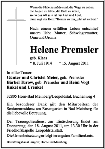 Anzeige  Helene Premsler  Lippische Landes-Zeitung