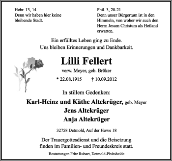 Anzeige  Lilli Fellert  Lippische Landes-Zeitung