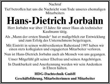 Anzeige  Hans-Dietrich Jorbahn  Lippische Landes-Zeitung