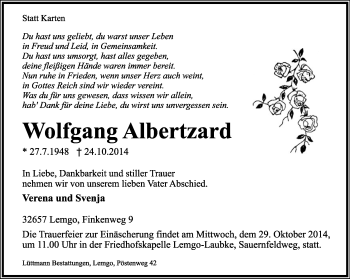 Anzeige  Wolfgang Albertzard  Lippische Landes-Zeitung