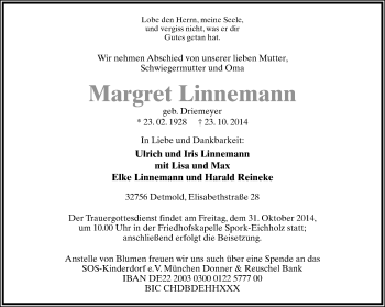 Anzeige  Margret innemann  Lippische Landes-Zeitung