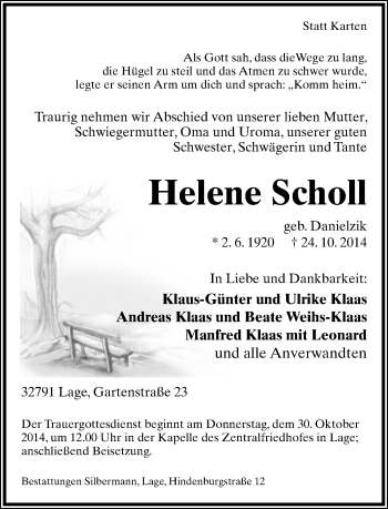 Anzeige  Helene Scholl  Lippische Landes-Zeitung