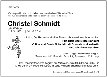 Anzeige  Christel Schmidt  Lippische Landes-Zeitung