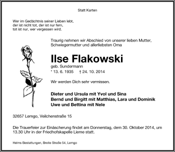 Anzeige  Ilse Flakowski  Lippische Landes-Zeitung