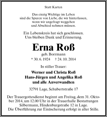 Anzeige  Erna Roß  Lippische Landes-Zeitung