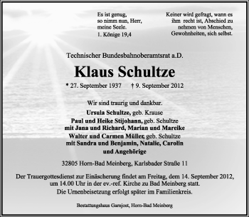 Anzeige  Klaus Schultze  Lippische Landes-Zeitung