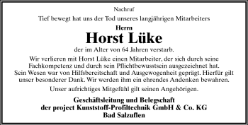 Anzeige  Horst Lüke  Lippische Landes-Zeitung