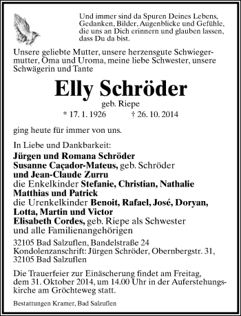 Anzeige  Elly Schröder  Lippische Landes-Zeitung