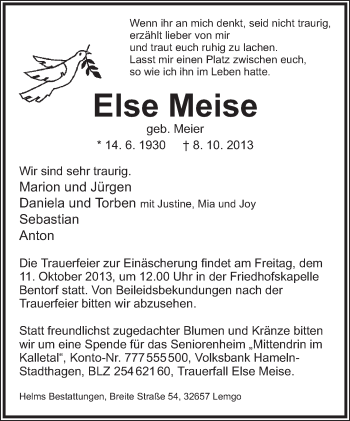 Anzeige  Else Meise  Lippische Landes-Zeitung